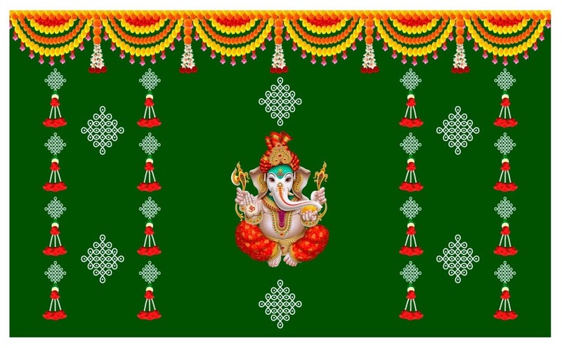 Bague Green Banana Leaf Backdrop Cloth for Pooja Decoration Traditional, Background Decoration Cloth for Pooja Background, Curtain Cloth for Festival Fabric 8x5 Feet (Green Ganesh) - Image 1