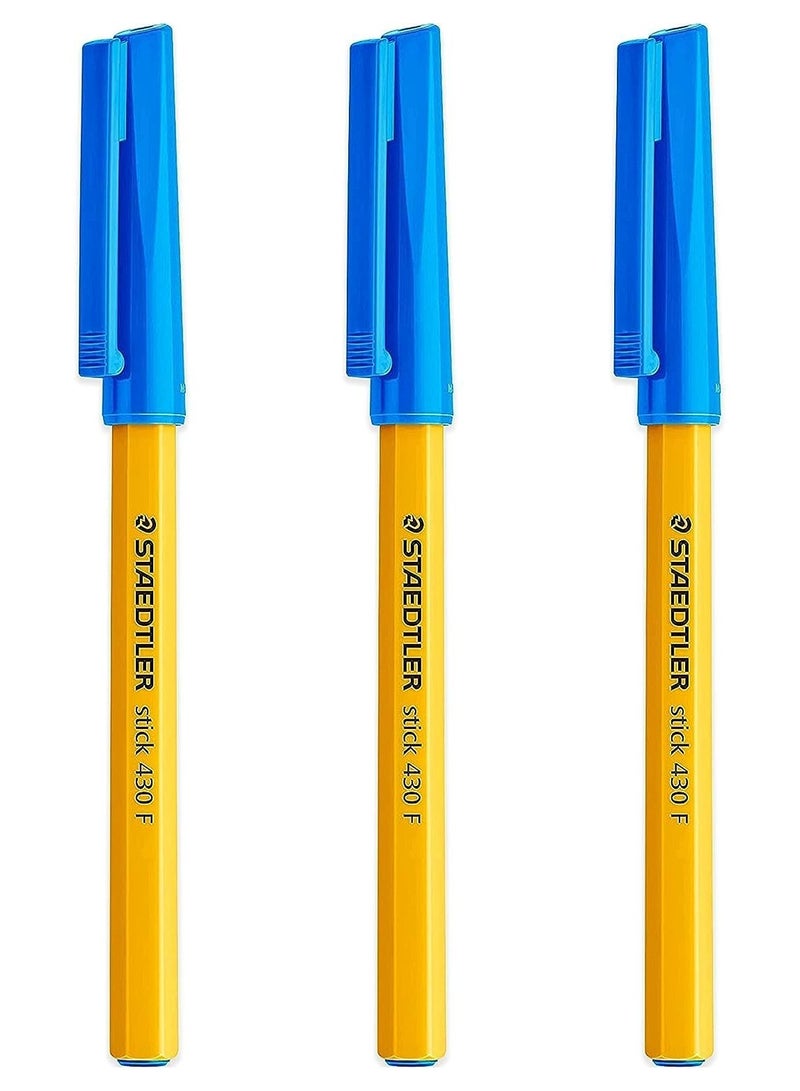 Staedtler Fine 430F Stick Ballpoint Pens Writing Pen Smooth - Blue Ink - Pack Of 3 - Image 1