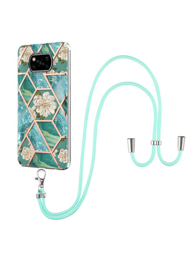 Case For Xiaomi Poco X3 NFC Electroplating Splicing Marble Flower Pattern TPU Shockproof Case with Lanyard