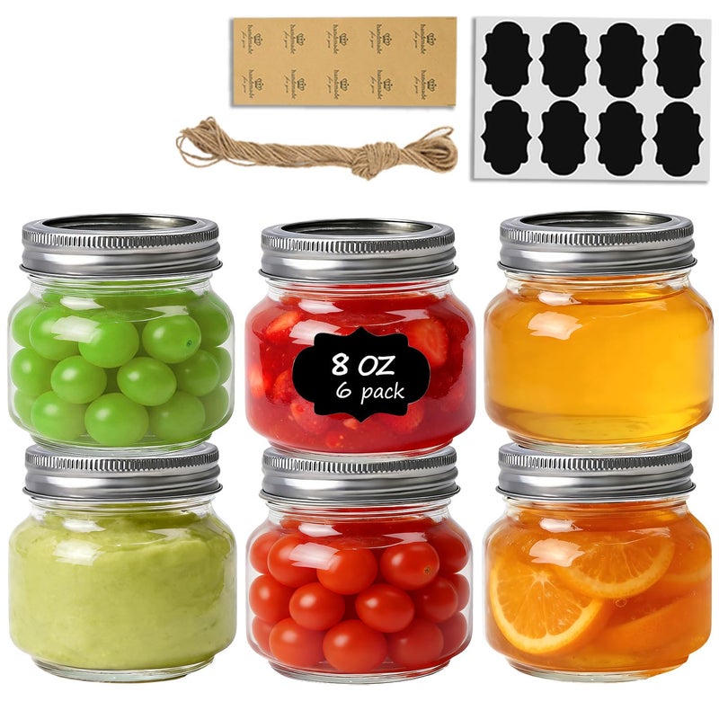 ComSaf 8 oz Regular Mouth Mason Jars,6Pcs Glass Jars for Home Cooks Making Jam and Jelly, and Crafters Creating DIY Candles and Party Favors, Canning Jar with Lids and Ringsï¼ŒIncludes Labels & Twine - Image 1