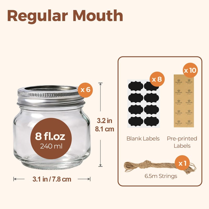 ComSaf 8 oz Regular Mouth Mason Jars,6Pcs Glass Jars for Home Cooks Making Jam and Jelly, and Crafters Creating DIY Candles and Party Favors, Canning Jar with Lids and Ringsï¼ŒIncludes Labels & Twine - Image 2