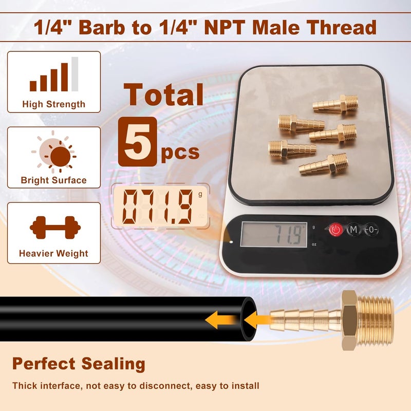 boeray 5pcs Brass Hose Barb Fittings 1/4 Inch Barb to 1/4 Inch NPT Male Thread Air Hose Fittings Adapter Connector Water Fuel Air Line Fittings 1/4” Barb × 1/4” NPT Brass Fittings - Image 5