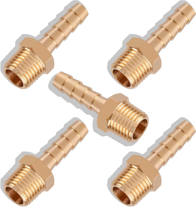 boeray 5pcs Brass Hose Barb Fittings 1/4 Inch Barb to 1/4 Inch NPT Male Thread Air Hose Fittings Adapter Connector Water Fuel Air Line Fittings 1/4” Barb × 1/4” NPT Brass Fittings - Image 1