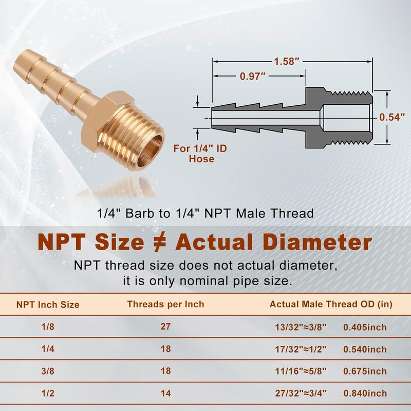 boeray 5pcs Brass Hose Barb Fittings 1/4 Inch Barb to 1/4 Inch NPT Male Thread Air Hose Fittings Adapter Connector Water Fuel Air Line Fittings 1/4” Barb × 1/4” NPT Brass Fittings - Image 2