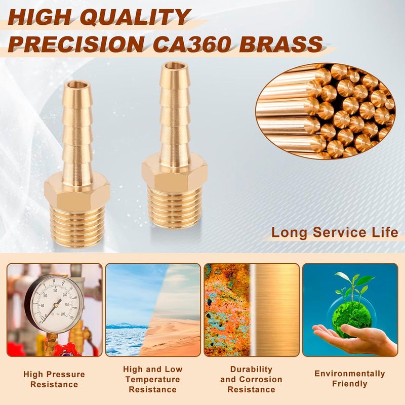 boeray 5pcs Brass Hose Barb Fittings 1/4 Inch Barb to 1/4 Inch NPT Male Thread Air Hose Fittings Adapter Connector Water Fuel Air Line Fittings 1/4” Barb × 1/4” NPT Brass Fittings - Image 3