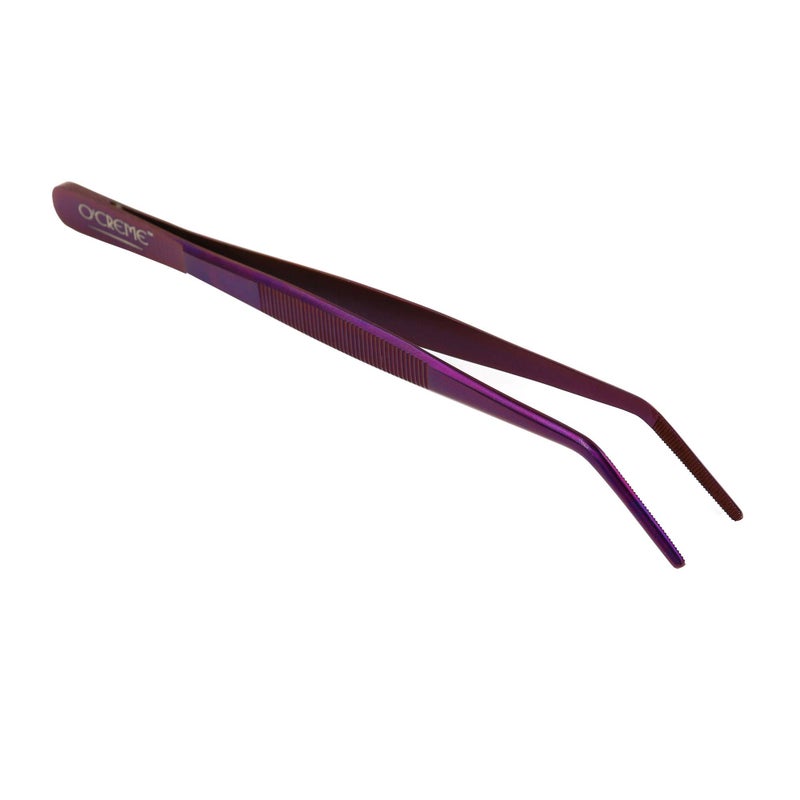 OCreme Stainless Steel Precision Kitchen Culinary 8 Inch Tweezer Tongs 8 Curved Purple