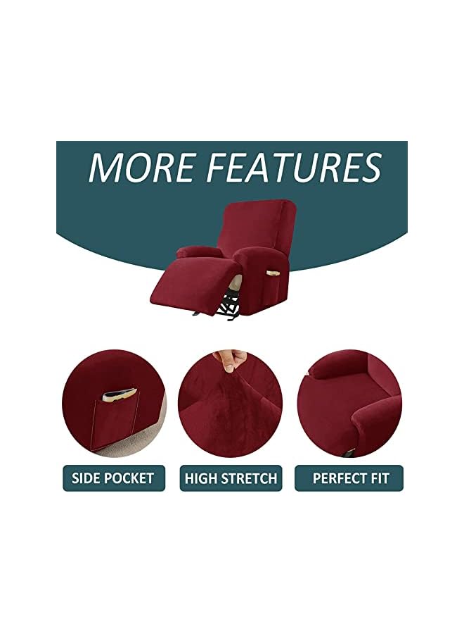 Green Tiger غطاء كرسي استرخاء من المخمل المرن، غطاء كرسي استرخاء ناعم مع جيب جانبي، واقي كرسي لغطاء أريكة كرسي استرخاء (مقعد واحد، أحمر نبيذي) - Image 3
