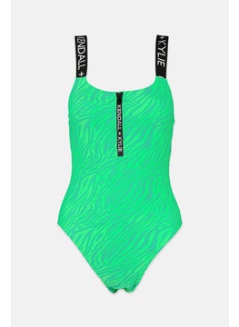 Women Animal Print Padded One Piece, Lime Green Zebra