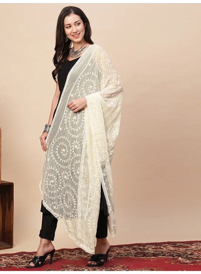 globus Globus Women Off-White Embroidered Fringed Lace Dupatta