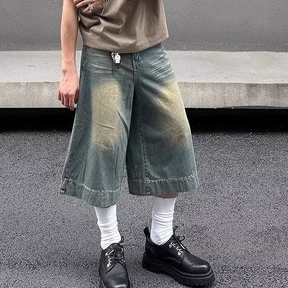 Summer Denim Shorts Mens and Womens Straight American Style Retro Washed High Street Wide Leg Old Casual All-match Cropped Pants for Men cyan blue 