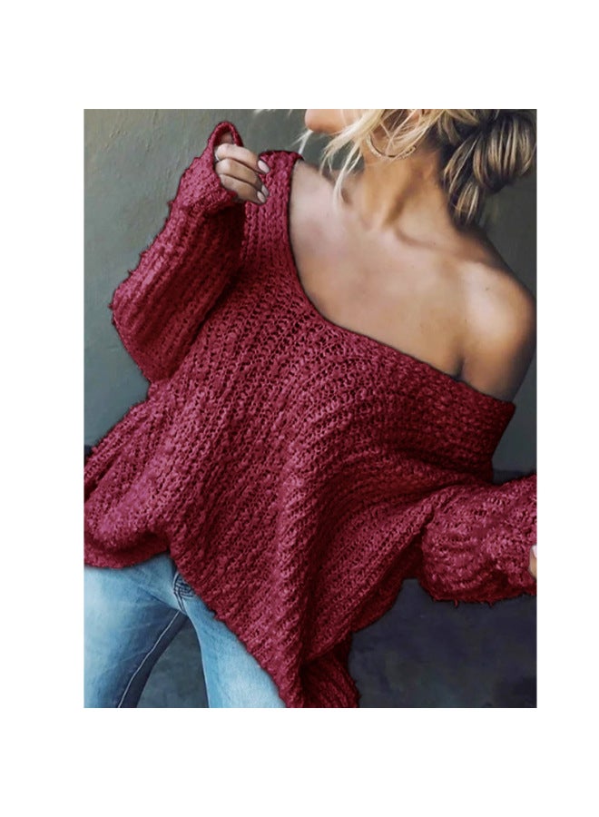 European And American Hot Women's Clothing Spring And Autumn Large V-neck Hollow-out over Knitwear Women's Loose Long-sleeved Solid Color Sweater Women