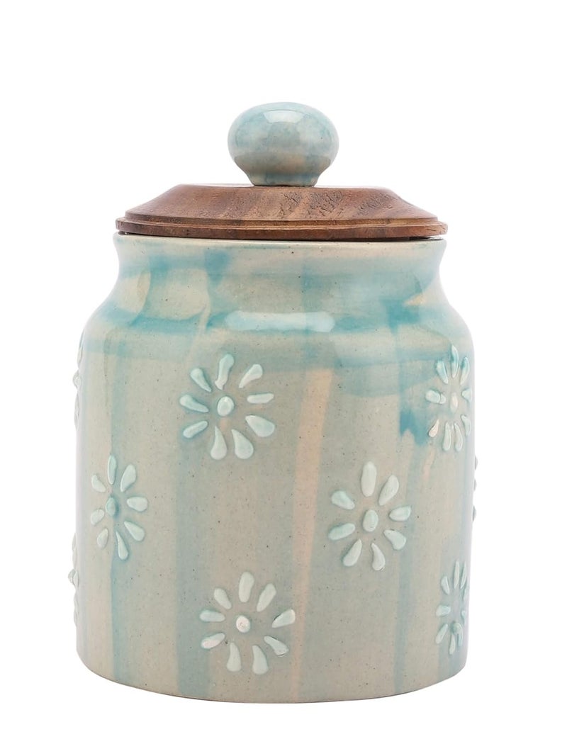 miah decor جرة تخزين الطعام السيراميكية ميا ديكور مع غطاء خشبي وسدادة سيليكون محكمة الإغلاق باللون الأزرق - مجموعة من 2 - Image 3