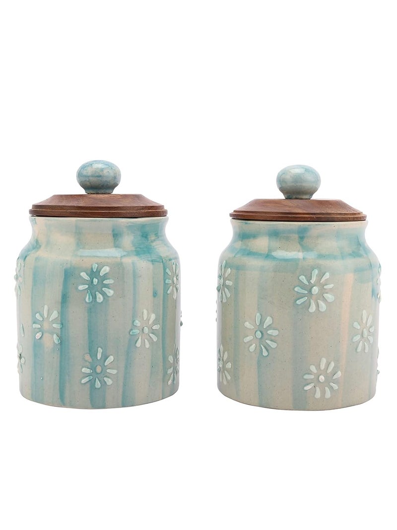 miah decor جرة تخزين الطعام السيراميكية ميا ديكور مع غطاء خشبي وسدادة سيليكون محكمة الإغلاق باللون الأزرق - مجموعة من 2 - Image 1