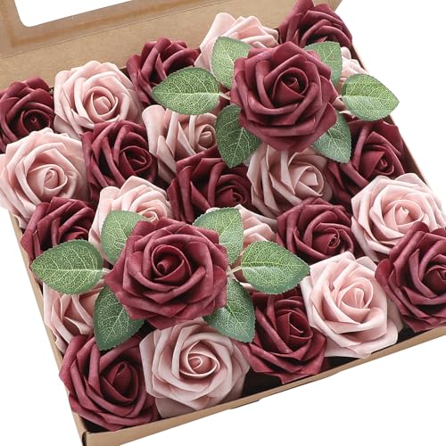 Floroom Artificial Flowers 25pcs Real Looking Cinnamon Rose Shabby Pink Foam Fake Roses with Stems for DIY Wedding Bouquets Bridal Shower Centerpieces Floral Arrangements Party Tables Decorations - Image 1