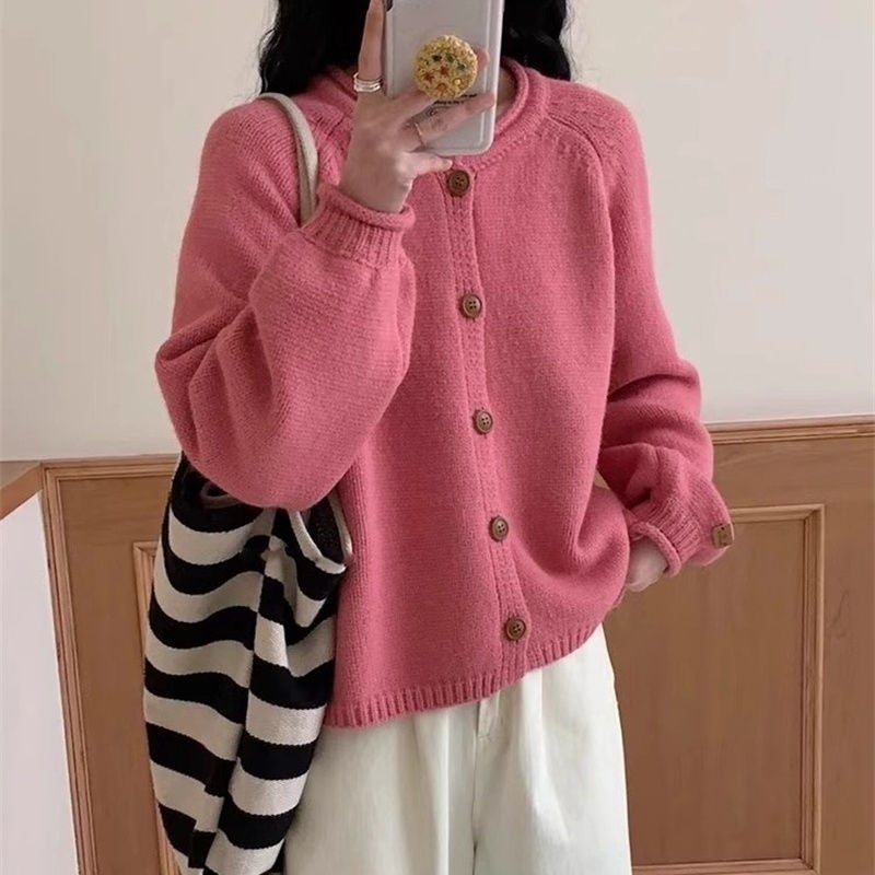 Knitted Cardigan Sweater Coat Lazy Single Row Solid Color 2024 Round Neck New Loose Top - Image 1
