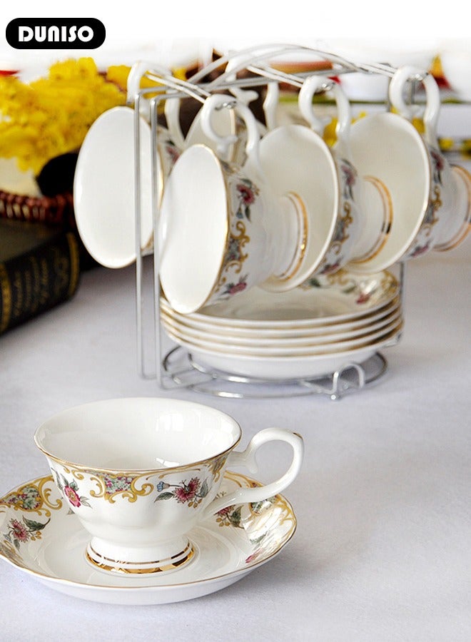 DUNISO Ceramic Tea Cups and Saucers, European Retro Style Coffee Cups，Bone China Glazed Tea Mugs,  Latte Cups and Espresso Mug for Coffee Drinks and Tea, Kitchen and Living Room Saucers Set,Ceramic Coffee Cup for Office and Home - Image 3
