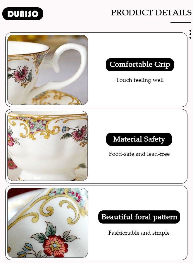 DUNISO Ceramic Tea Cups and Saucers, European Retro Style Coffee Cups，Bone China Glazed Tea Mugs,  Latte Cups and Espresso Mug for Coffee Drinks and Tea, Kitchen and Living Room Saucers Set,Ceramic Coffee Cup for Office and Home - Image 2