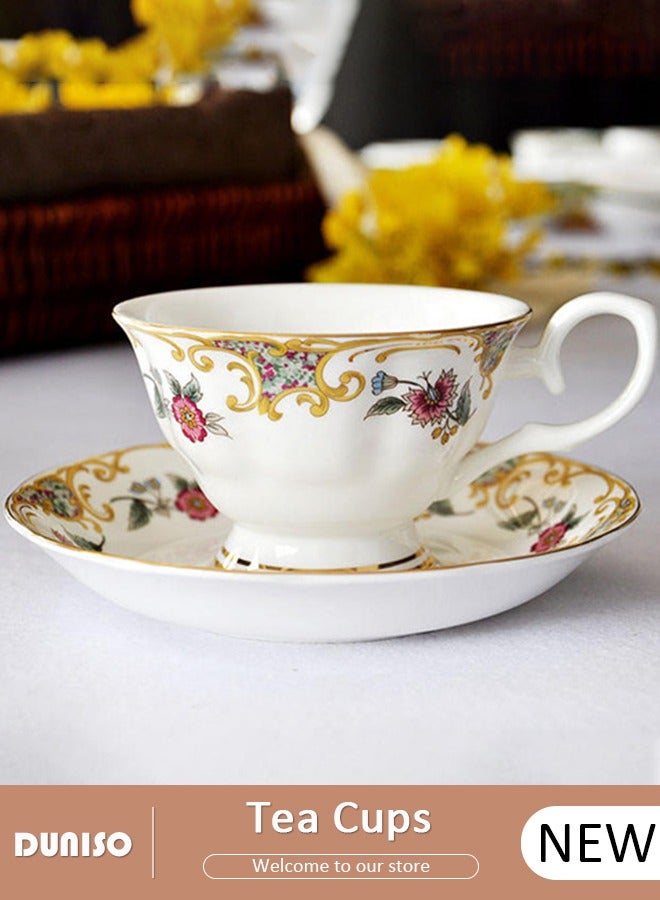 DUNISO Ceramic Tea Cups and Saucers, European Retro Style Coffee Cups，Bone China Glazed Tea Mugs,  Latte Cups and Espresso Mug for Coffee Drinks and Tea, Kitchen and Living Room Saucers Set,Ceramic Coffee Cup for Office and Home - Image 1
