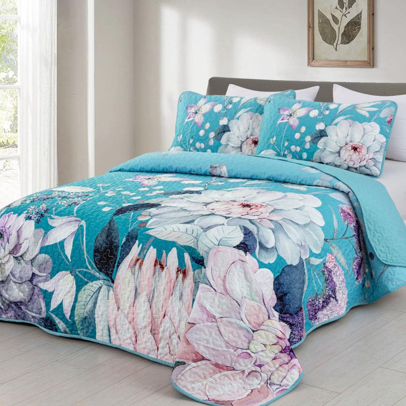 Drucon Floral Quilt King Size - 3 Pieces Aqua Blue Quilt Botanical Bedspread Soft Lightweight Flower Bedding Set for All Season (104"x90") - Image 2