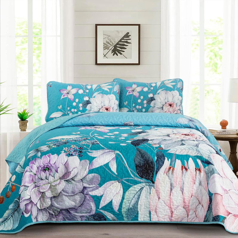 Drucon Floral Quilt King Size - 3 Pieces Aqua Blue Quilt Botanical Bedspread Soft Lightweight Flower Bedding Set for All Season (104"x90") - Image 1