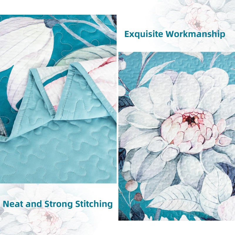 Drucon Floral Quilt King Size - 3 Pieces Aqua Blue Quilt Botanical Bedspread Soft Lightweight Flower Bedding Set for All Season (104"x90") - Image 4