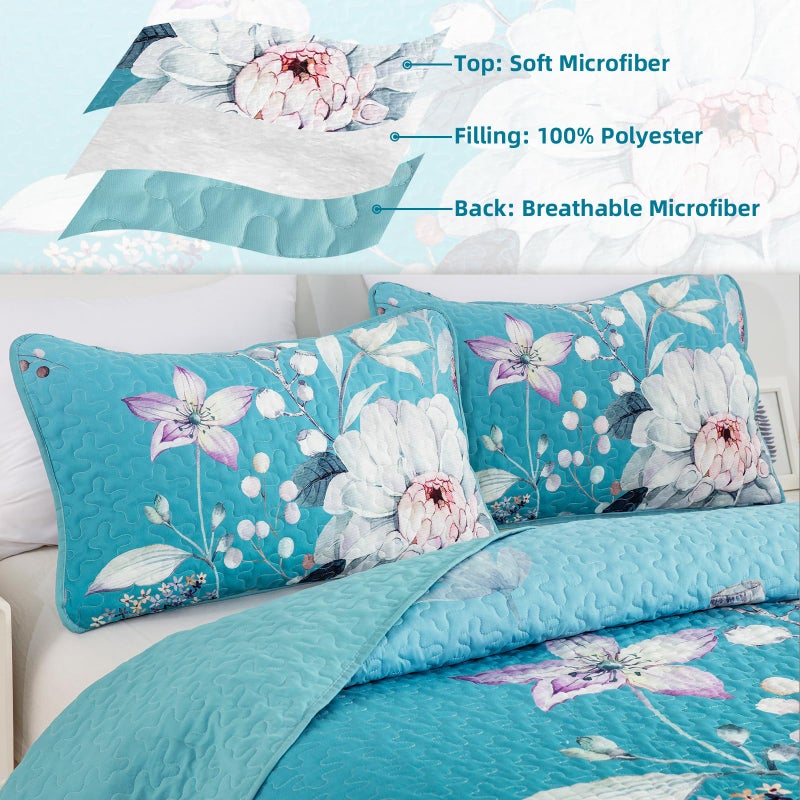 Drucon Floral Quilt King Size - 3 Pieces Aqua Blue Quilt Botanical Bedspread Soft Lightweight Flower Bedding Set for All Season (104"x90") - Image 5