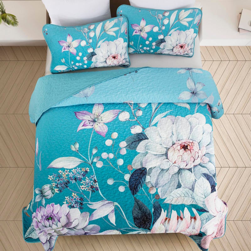 Drucon Floral Quilt King Size - 3 Pieces Aqua Blue Quilt Botanical Bedspread Soft Lightweight Flower Bedding Set for All Season (104"x90") - Image 3