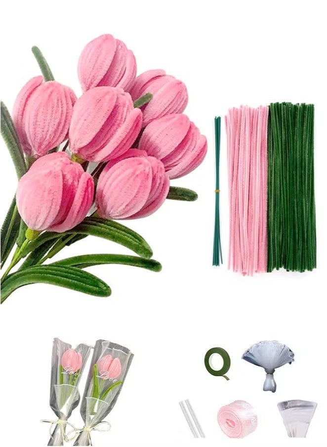 Ailily Tulip Pipe Cleaners for Craft, 30cm Green and Pink Pipe Cleaners, Fuzzy Sticks Craft Supplies, Chenille Stems with Flower Pole, Flower Core & Gardening Tape, Arts & Crafts for DIY(8 Flowers Need to assemble by yourself）  - Image 1