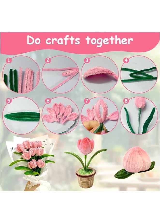 Ailily Tulip Pipe Cleaners for Craft, 30cm Green and Pink Pipe Cleaners, Fuzzy Sticks Craft Supplies, Chenille Stems with Flower Pole, Flower Core & Gardening Tape, Arts & Crafts for DIY(8 Flowers Need to assemble by yourself）  - Image 2