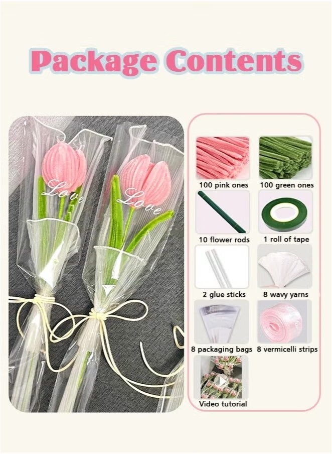 Ailily Tulip Pipe Cleaners for Craft, 30cm Green and Pink Pipe Cleaners, Fuzzy Sticks Craft Supplies, Chenille Stems with Flower Pole, Flower Core & Gardening Tape, Arts & Crafts for DIY(8 Flowers Need to assemble by yourself）  - Image 5