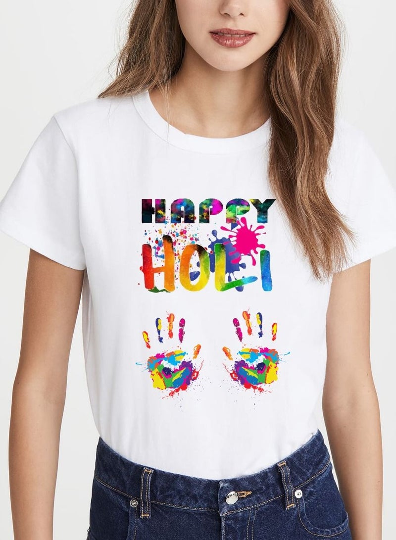 PRINTSHOP4ME Holi Printed T-shirt Round Neck 100% cotton Women's T-shirt - White Color  - Image 5