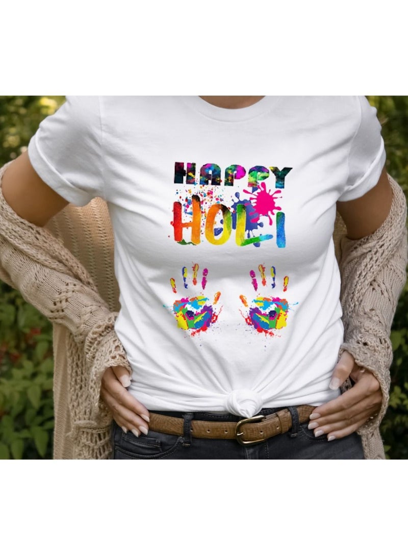 PRINTSHOP4ME Holi Printed T-shirt Round Neck 100% cotton Women's T-shirt - White Color  - Image 3