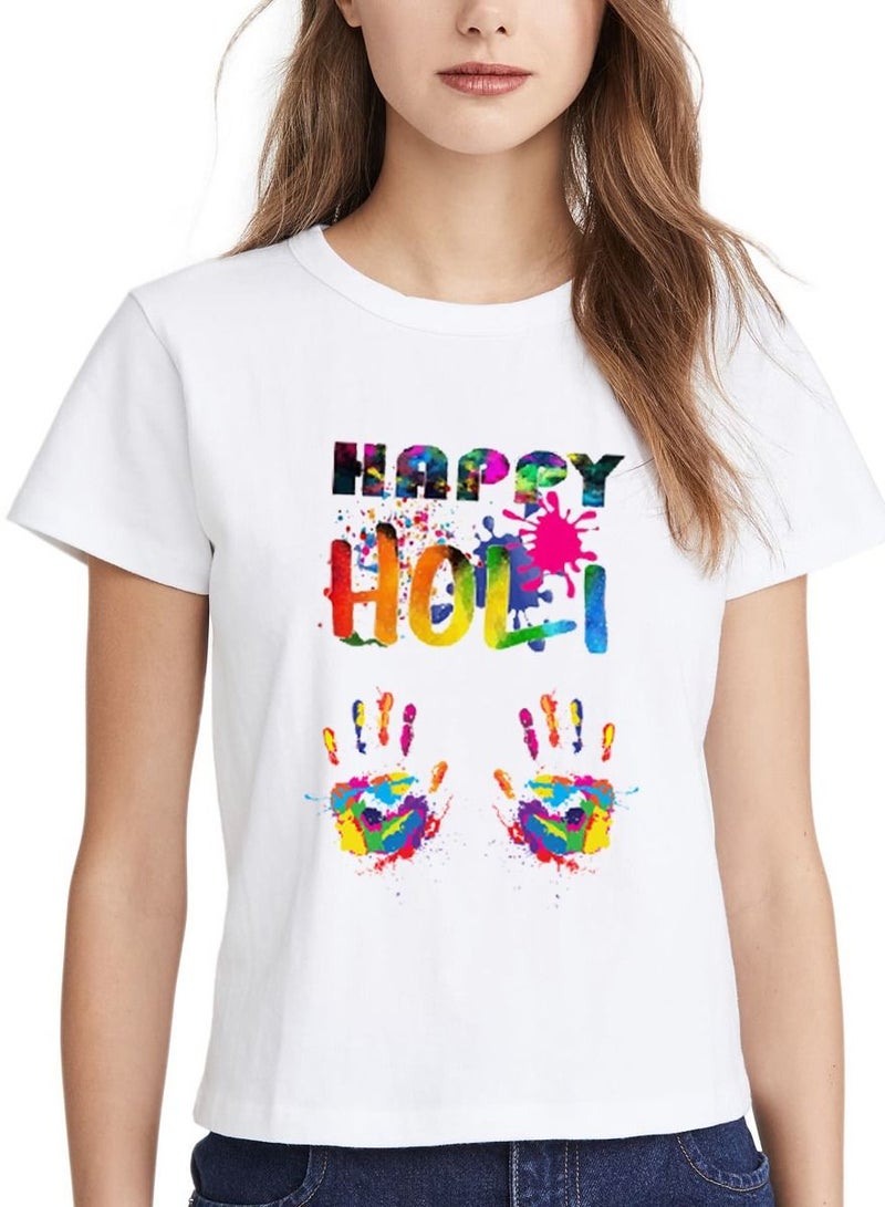PRINTSHOP4ME Holi Printed T-shirt Round Neck 100% cotton Women's T-shirt - White Color  - Image 1