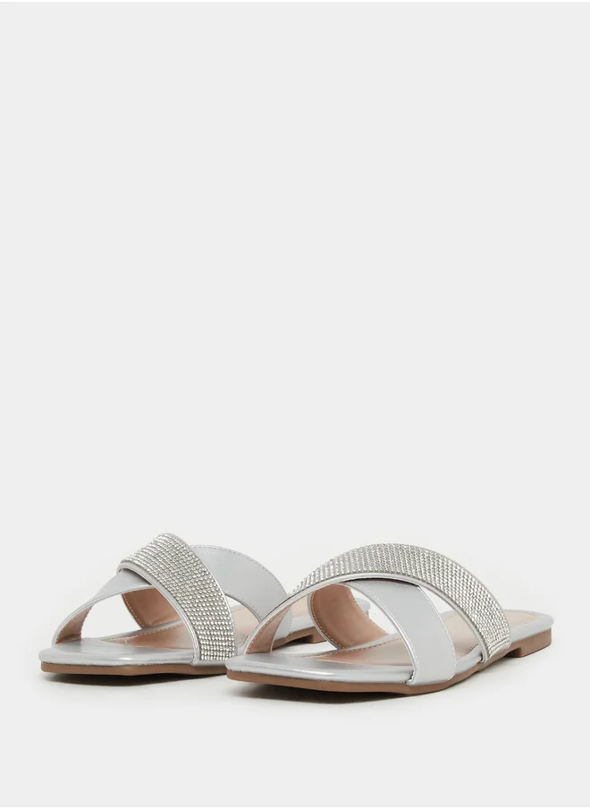 Styli Embellished Criss Cross Strap Flat Sandals