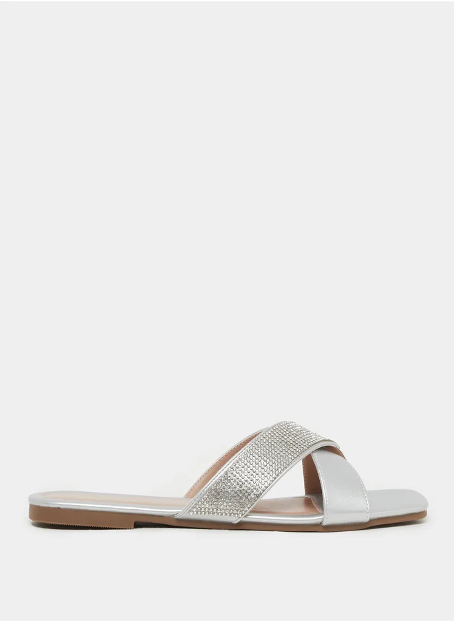 Styli Embellished Criss Cross Strap Flat Sandals