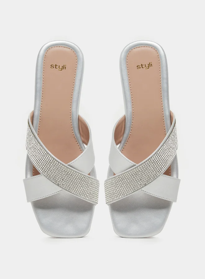 Styli Embellished Criss Cross Strap Flat Sandals