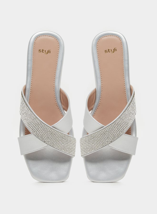 Styli Embellished Criss Cross Strap Flat Sandals - Image 5