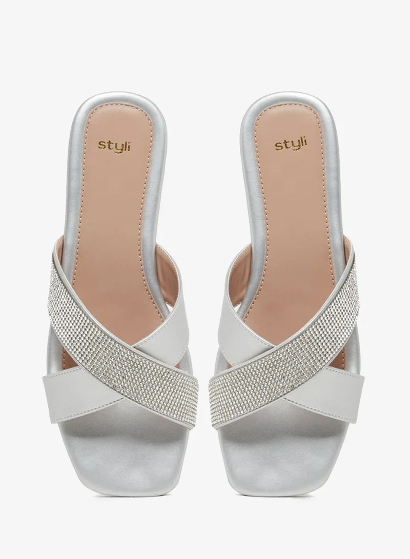 Styli Embellished Criss Cross Strap Flat Sandals