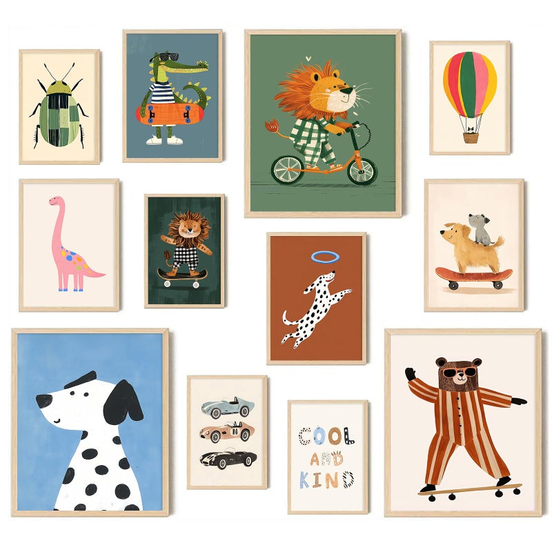 Aroutde 12Pcs Cartoon Animal Canvas Wall Decor Nursery Room Playful Animals Prints Modern Artwork for Kids Room Playroom Decor (Unframed) - Image 1