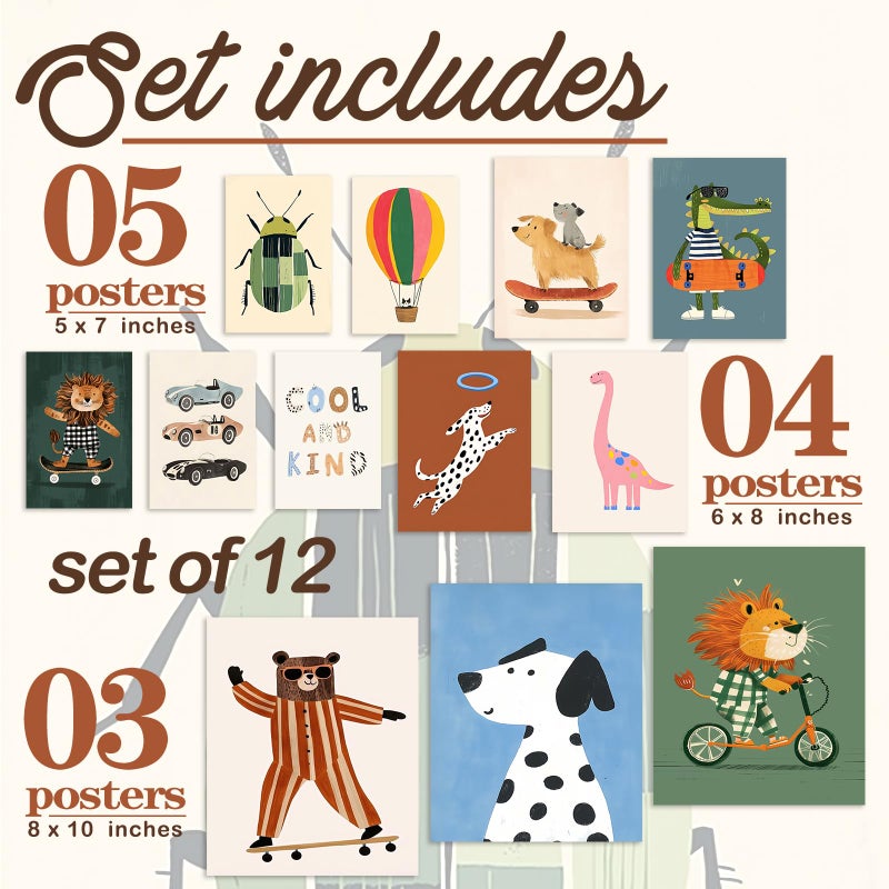 Aroutde 12Pcs Cartoon Animal Canvas Wall Decor Nursery Room Playful Animals Prints Modern Artwork for Kids Room Playroom Decor (Unframed) - Image 3