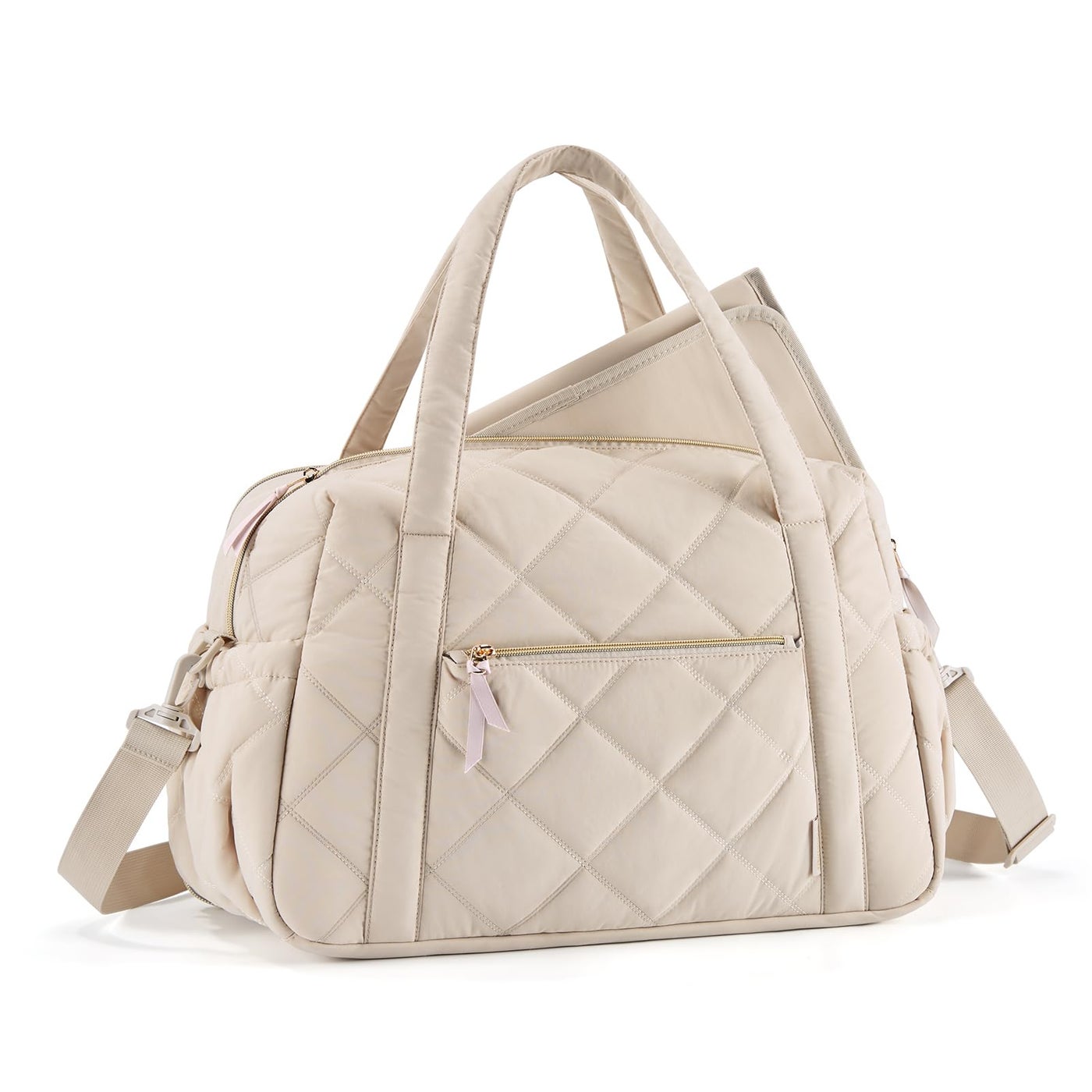 mommore Diaper Bag Tote, Large Diaper Bag Expandable Baby Bag for 2 Kids/Twins, Lightweight Mommy Bag for Hospital Baby Essential, Maternity Bag Stylish Tote Bag Weekender Travel, Beige