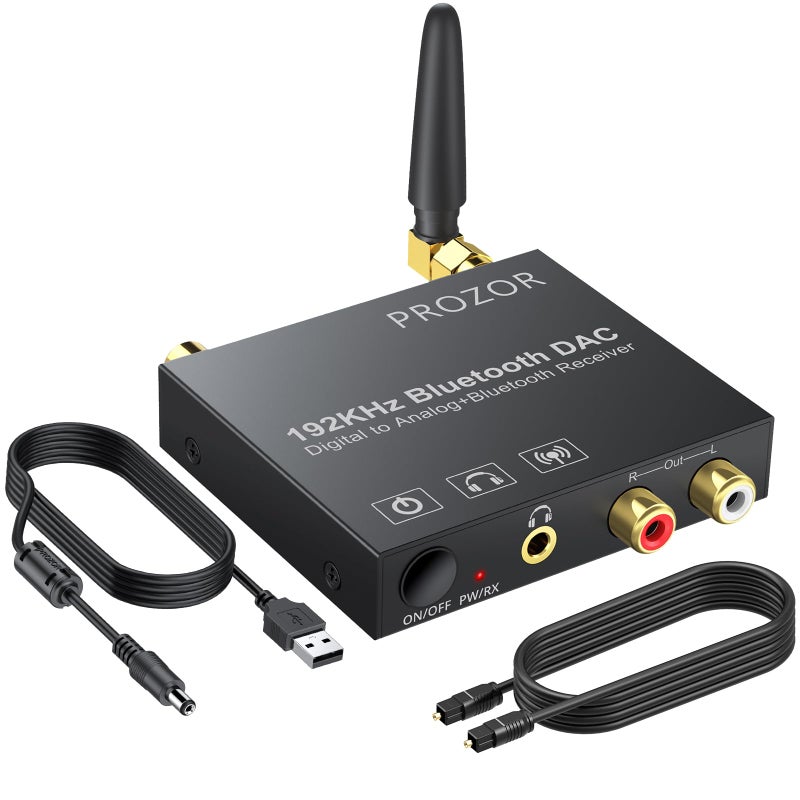 PROZOR 192KHz Digital to Analog Audio Converter, Bluetooth Audio Adapter with Bluetooth 5.0 Receiver, DAC Optical Coaxial Toslink to Stereo L/R RCA 3.5mm Audio Adapter, for HDTVs Smartphones Tablets