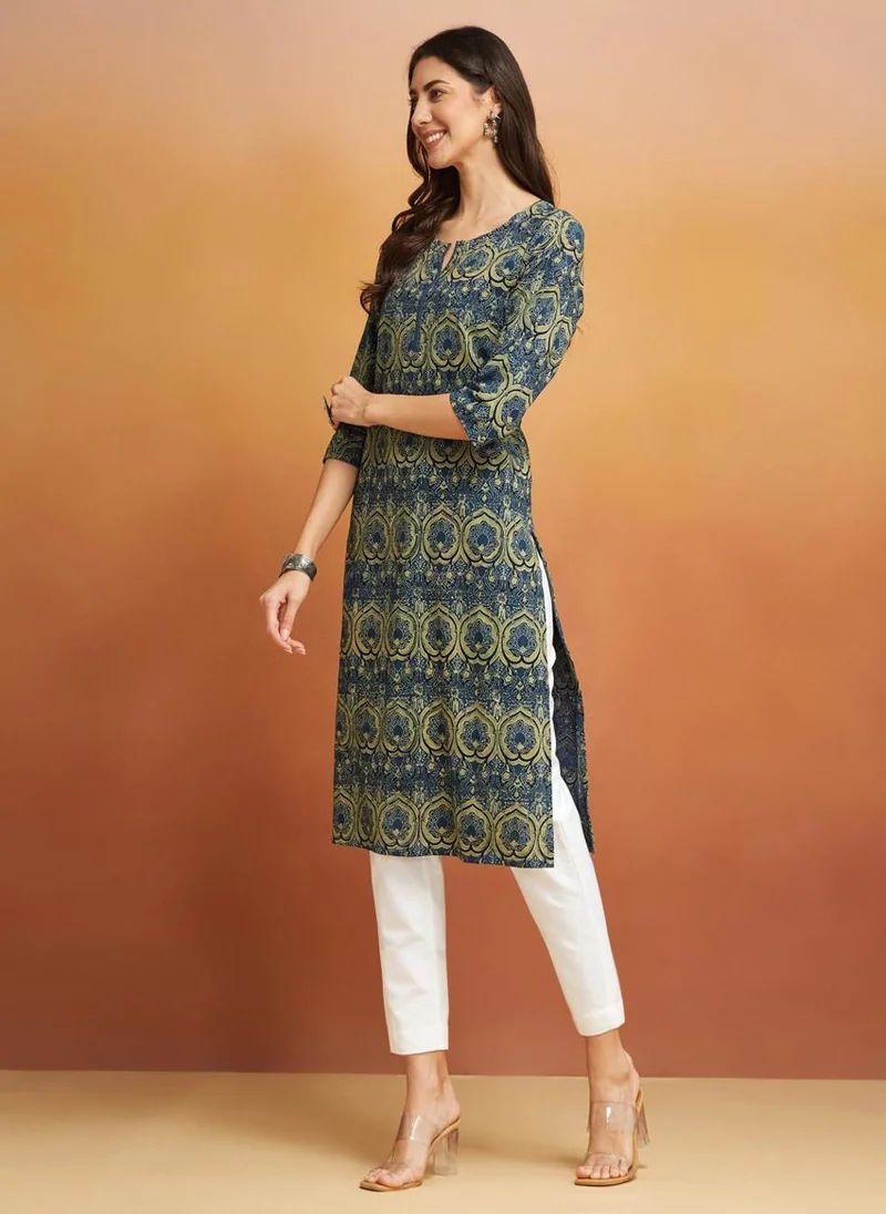 Fabindia Indigo Cotton Ajrakh Printed Long Kurta