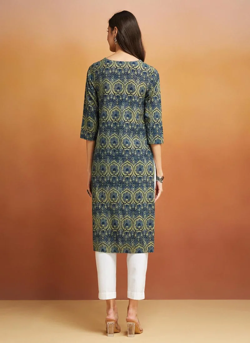 Fabindia Indigo Cotton Ajrakh Printed Long Kurta