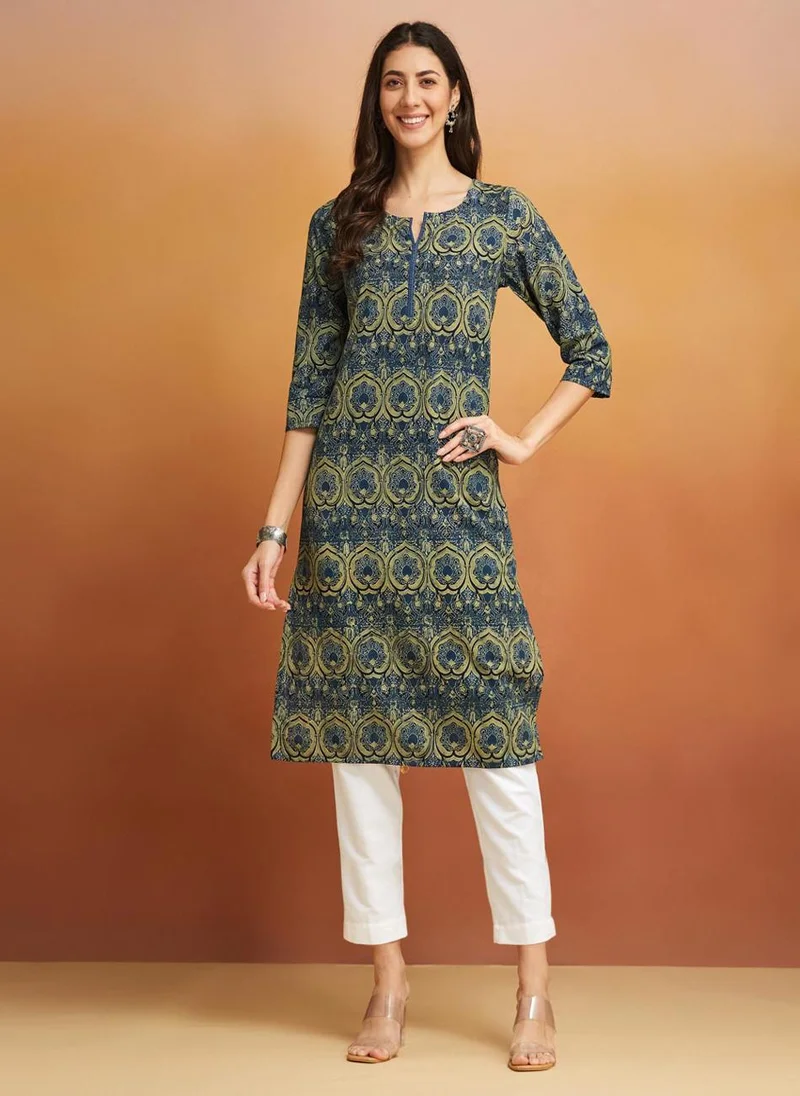 Fabindia Indigo Cotton Ajrakh Printed Long Kurta