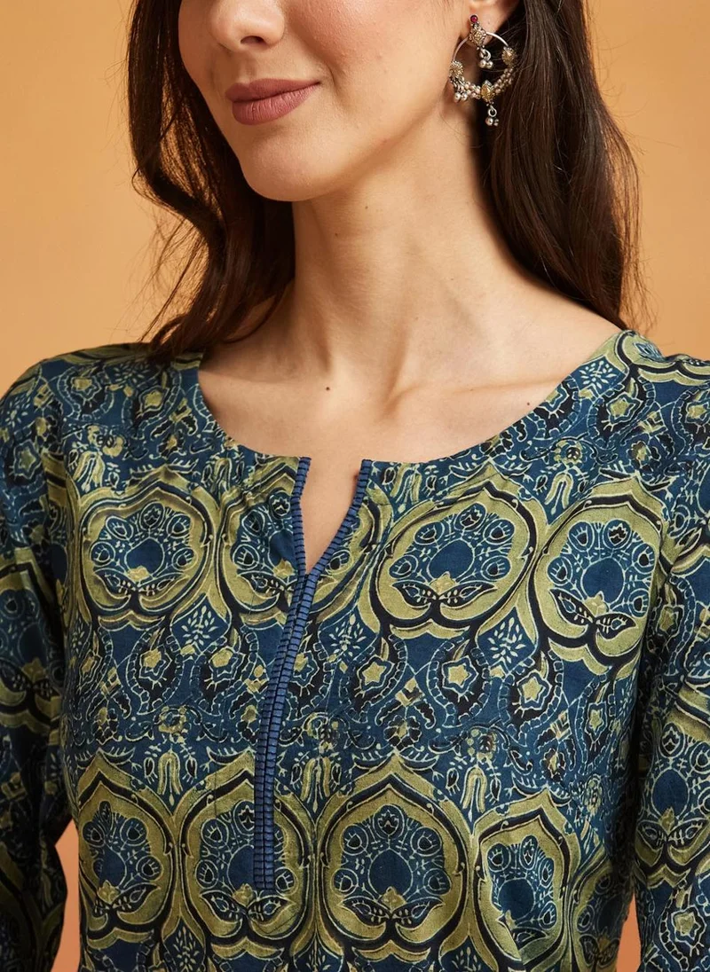 Fabindia Indigo Cotton Ajrakh Printed Long Kurta