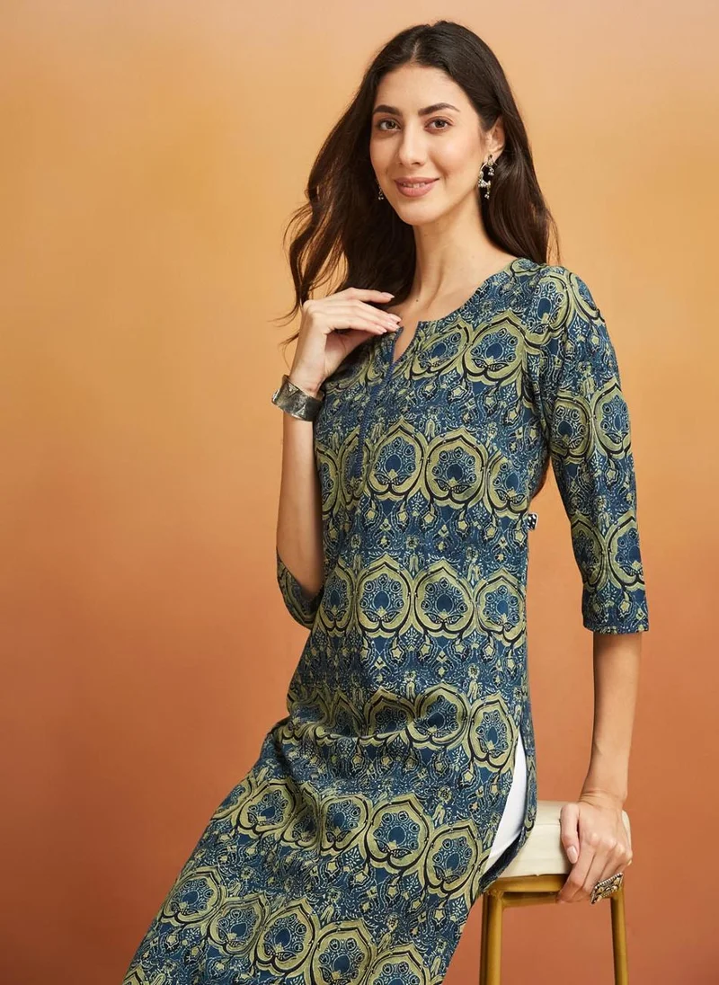 Fabindia Indigo Cotton Ajrakh Printed Long Kurta