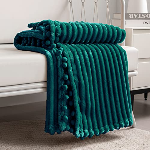 DISSA Fleece Blanket Throw Size – 51x63, Green – Soft, Plush, Fluffy, Fuzzy, Warm, Cozy – Perfect Throw for Couch, Bed, Sofa - with Pompom Fringe - Flannel Blanket Throw Blanket - Image 1