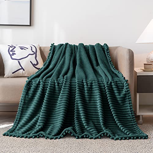 DISSA Fleece Blanket Throw Size – 51x63, Green – Soft, Plush, Fluffy, Fuzzy, Warm, Cozy – Perfect Throw for Couch, Bed, Sofa - with Pompom Fringe - Flannel Blanket Throw Blanket - Image 3