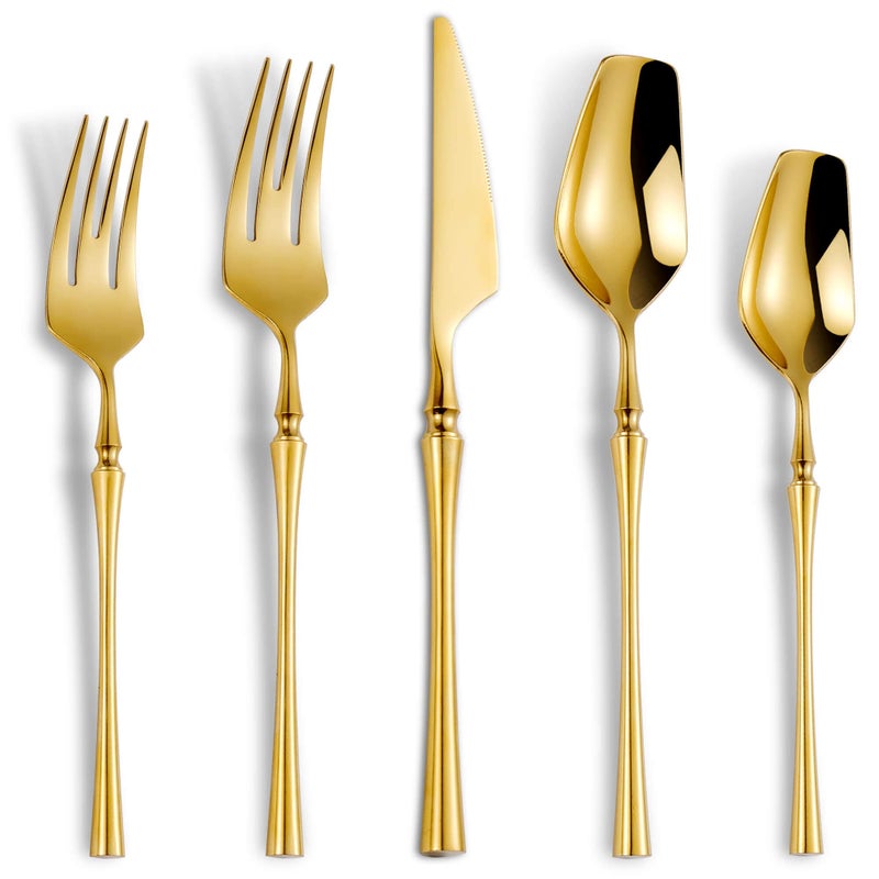 Lemeya 20Piece Gold Silverware Set for 4Modern 1810 Stainless Steel Flatware SetUnique Rustic Cutlery Utensils SetSpoon and Fork Set for Home RestaurantWeddingMirror PolishedDishwasher Safe